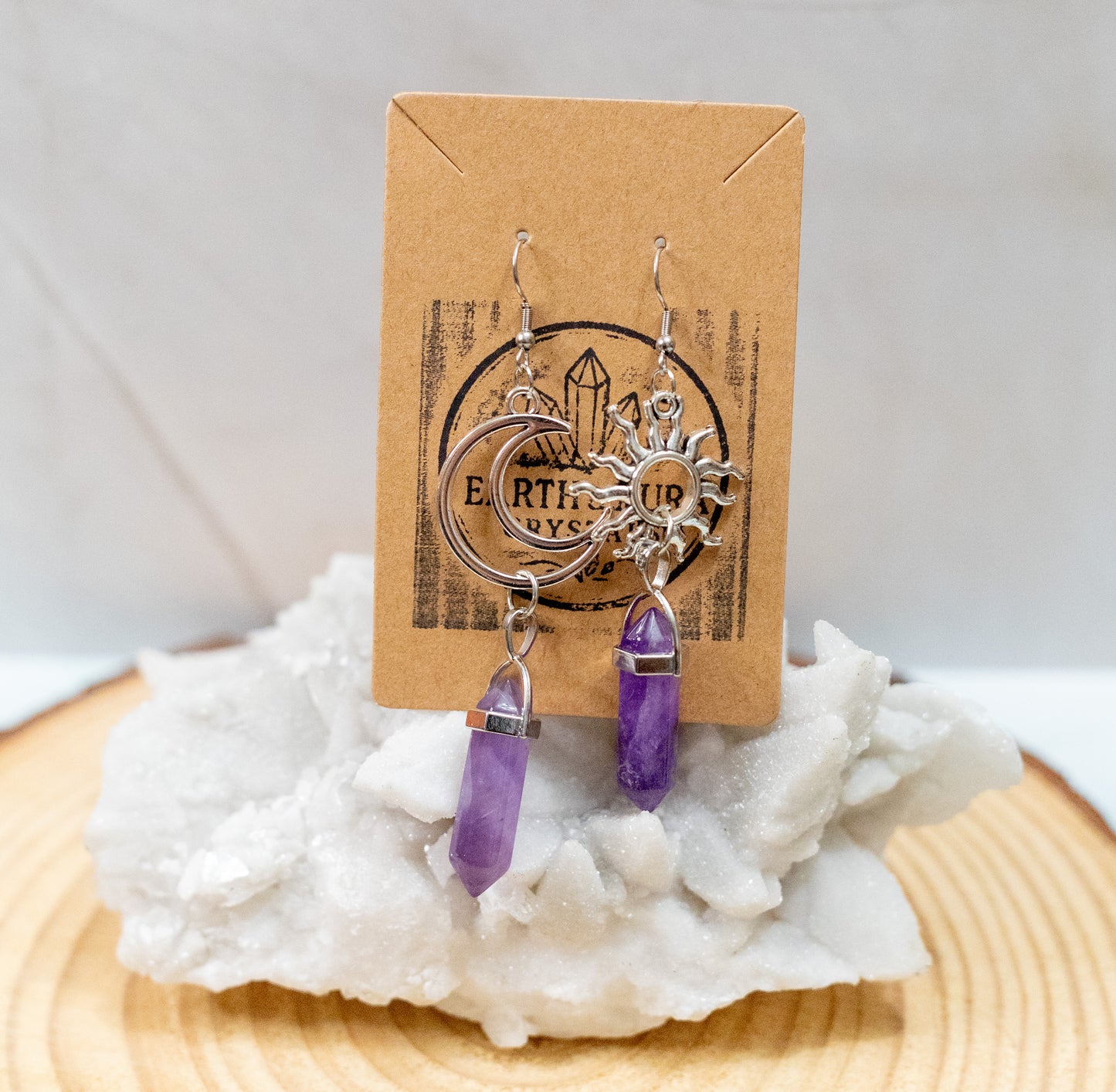 Amethyst Crystal Point Moon & Sun Earring Set