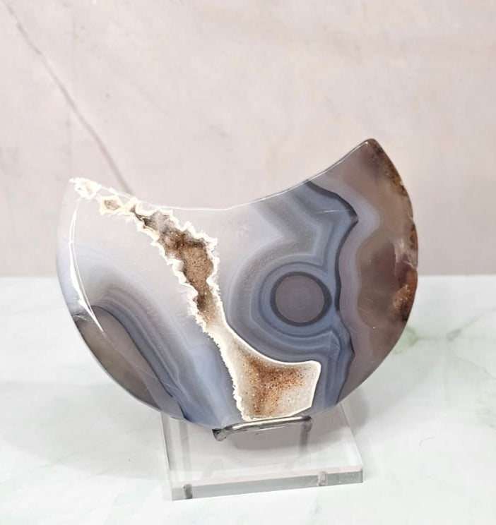 Banded Agate Moon with Druzy Vein on Acrylic Stand