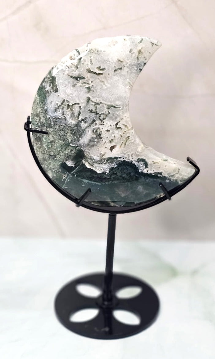 Moss Agate Moon on Stand - Medium