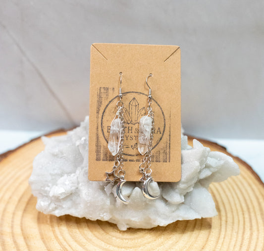 Clear Quartz Star and Moon Earrings