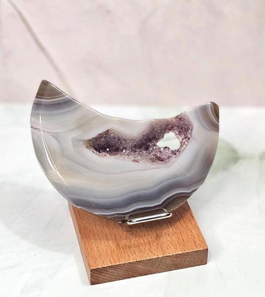 Druzy Banded Agate Moon on Wood Stand