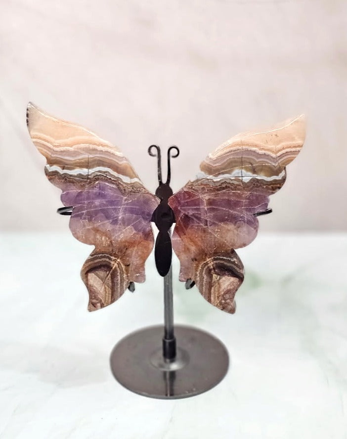 Crazy Lace Agate Butterfly on Metal Stand