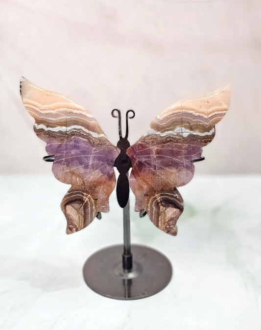 Crazy Lace Agate Butterfly on Metal Stand
