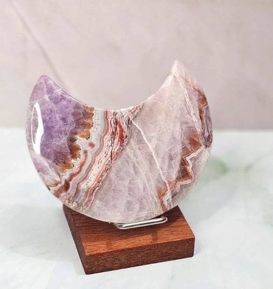 Crazy Lace Agate Moon on Wood Stand