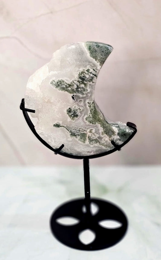 Moss Agate Moon on Stand - Medium