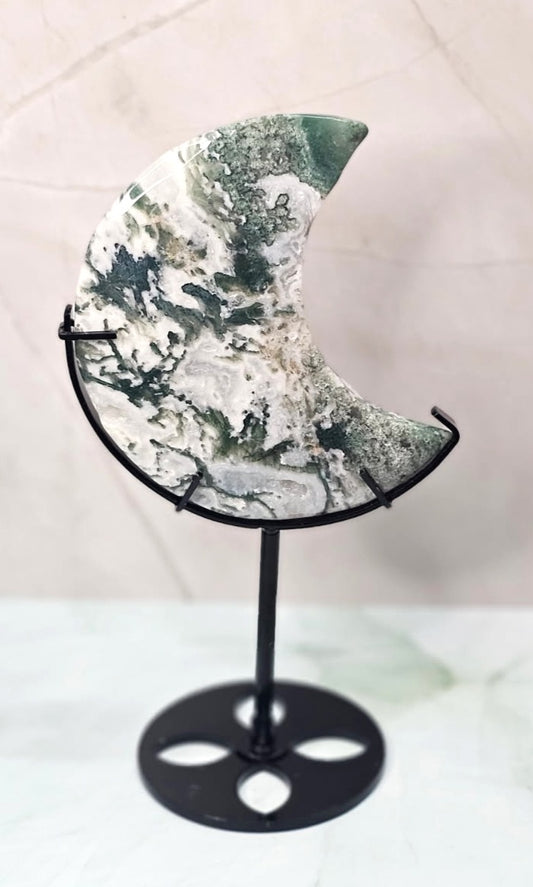 Moss Agate Moon on Stand - Medium