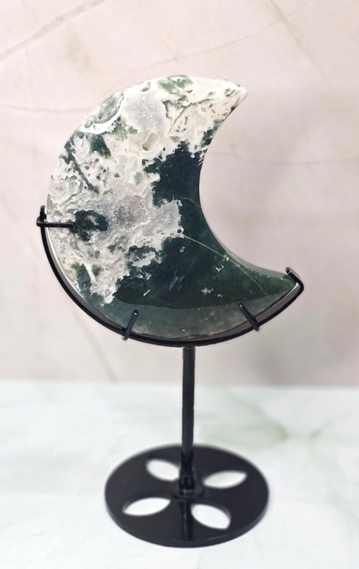Moss Agate Moon on Stand - Medium