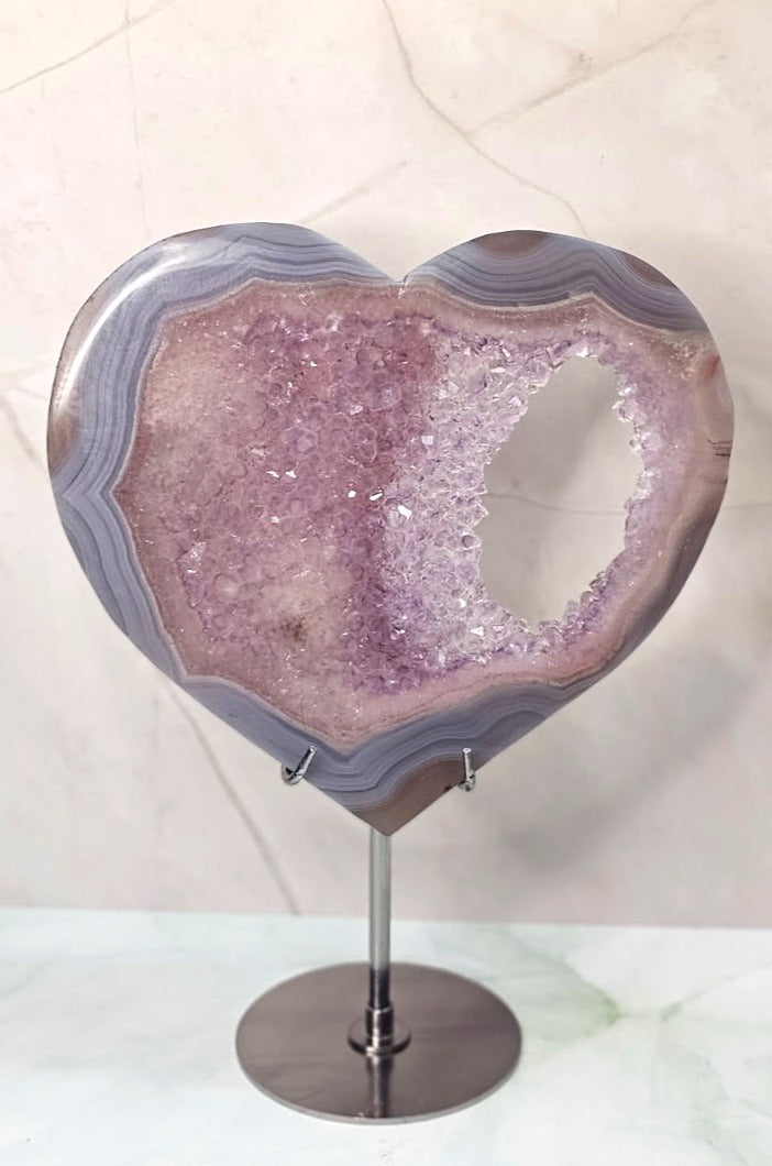 Large Druzy Amethyst Agate Heart on Metal Stand