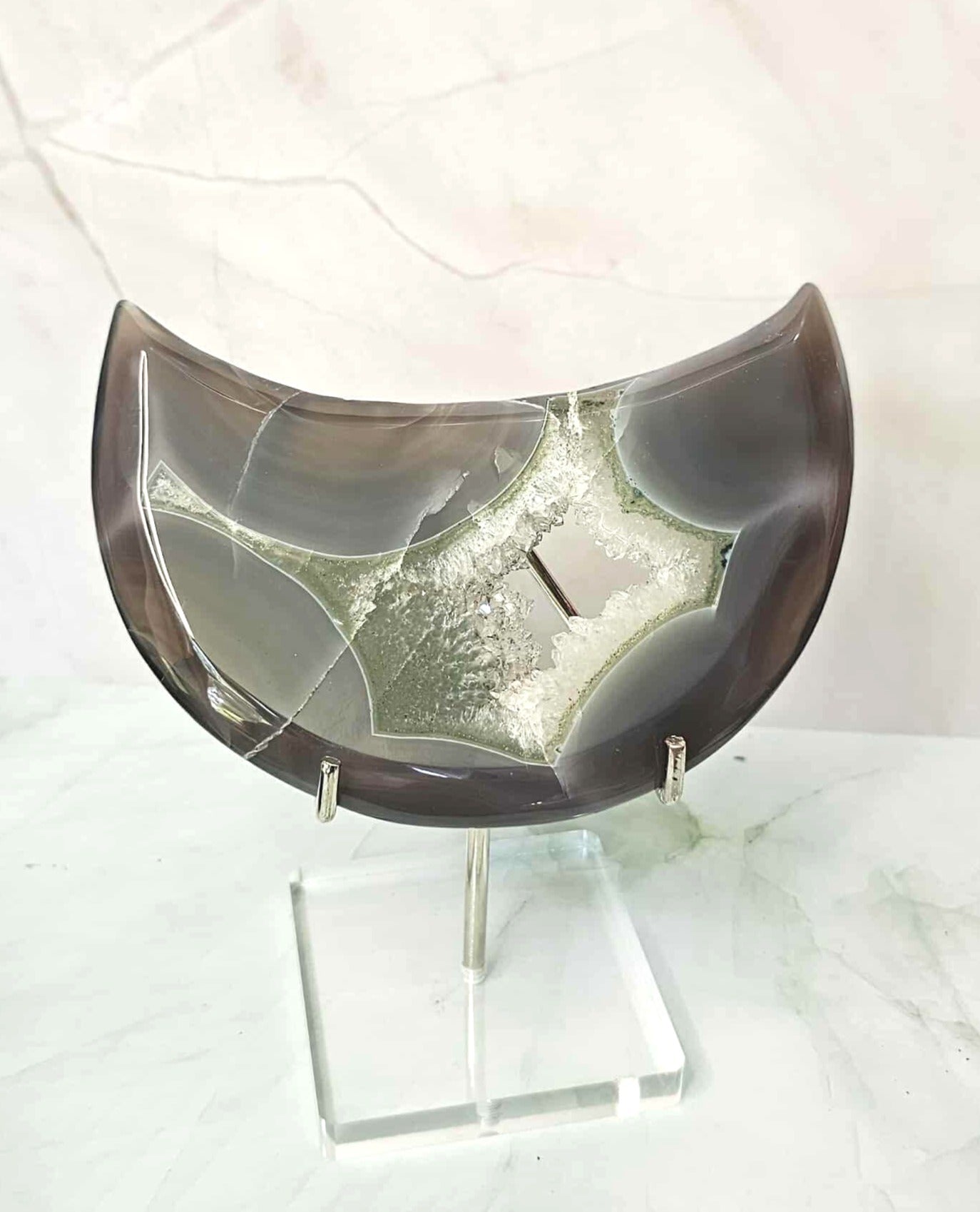 Druzy Gray Agate Moon on Acrylic Stand