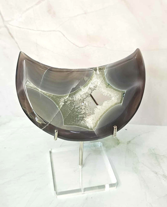 Druzy Gray Agate Moon on Acrylic Stand