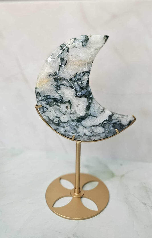Moss Agate Moon on Stand - Medium